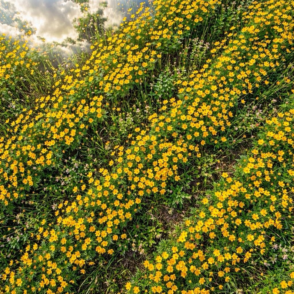 Aerial drone shot looking straight down on a meadow filled with yellow cosmos blooms, sunlight dappling through drifting clouds, geometric patterns of flowers and green foliage forming a natural mosaic, high-resolution crisp detail.