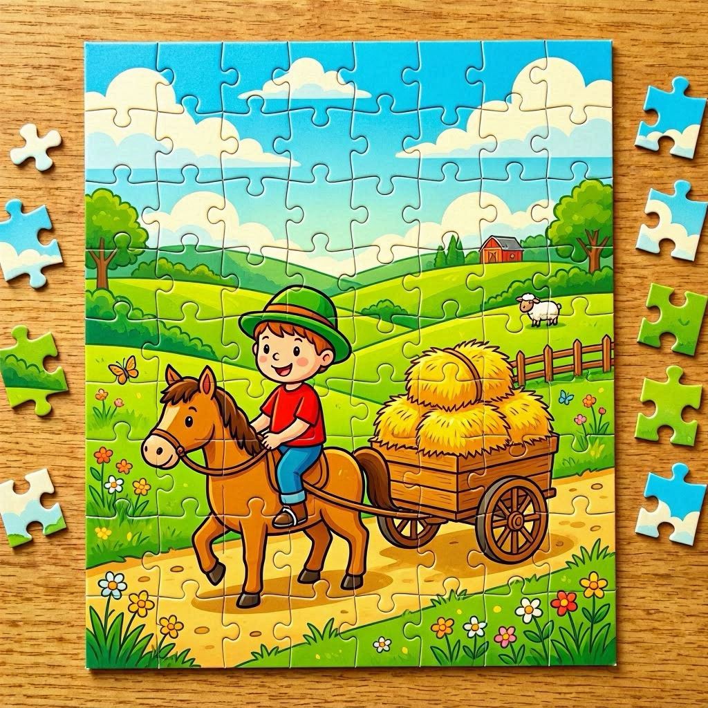 A colorful children's jigsaw puzzle depicting a cheerful cartoon boy in a green hat and red shirt riding a brown horse pulling a hay-filled cart, set in a sunny countryside with rolling green hills, fluffy clouds, and a bright blue sky, illustrated in vibrant vector art style, soft daylight tones, photographed top-down with a 50mm lens for crisp detail.
