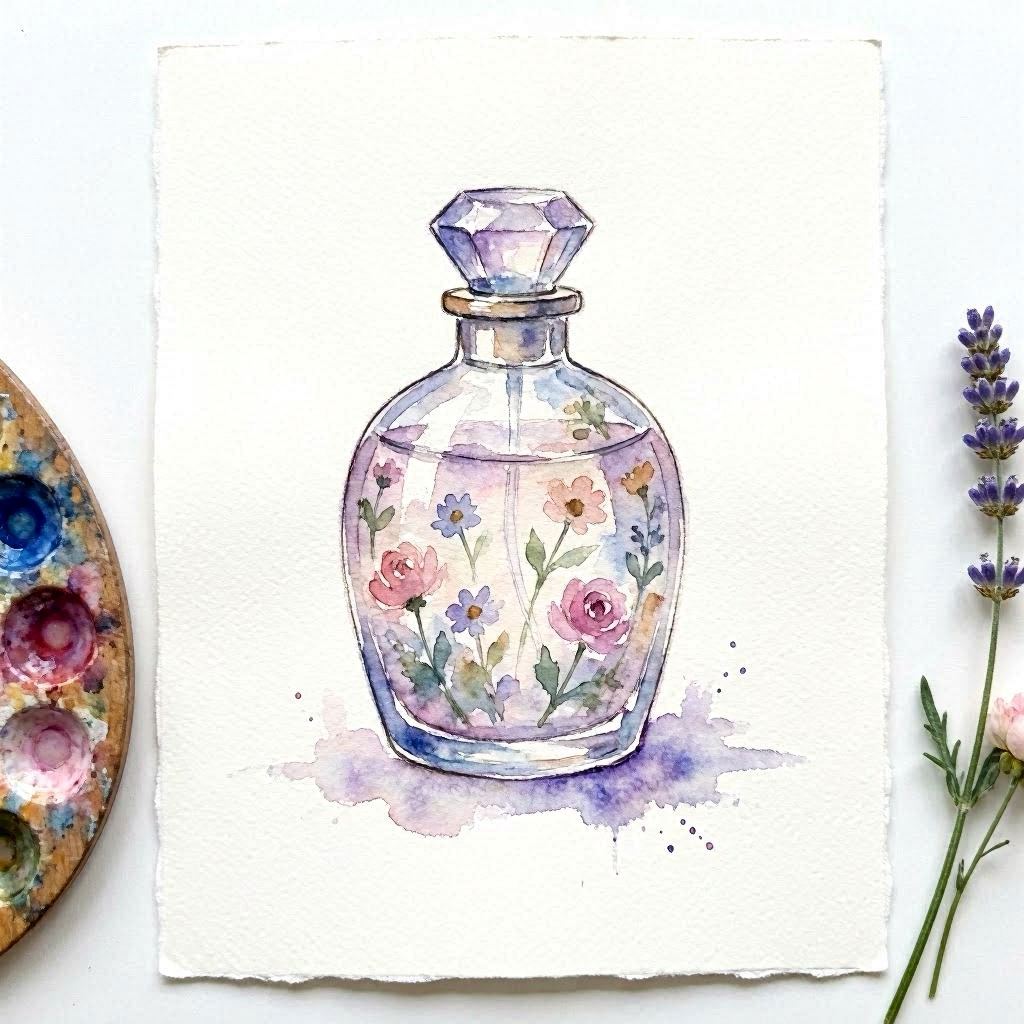 A hand-painted watercolor illustration of a whimsical perfume bottle adorned with floral patterns, soft washes of lavender and blush, loose brush strokes, white textured paper background, evoking a romantic and artistic feel.