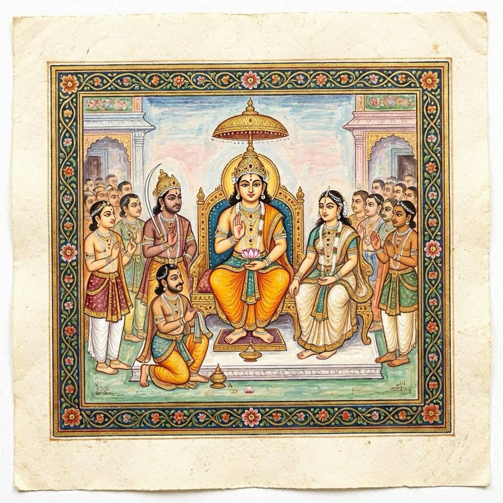 A hand-painted devotional artwork depicting Lord Rama’s coronation, rendered in traditional Indian miniature painting style, ornate borders with floral motifs, soft pastel backgrounds, and fine gold leaf accents, scanned at ultra-high resolution to capture every brushstroke detail.