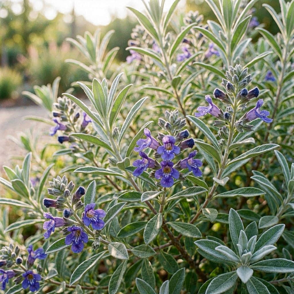 An extreme close-up of a Texas Sage shrub in full bloom, silvery-green leaves with velvety texture and clusters of vivid purple flowers, captured in soft morning light, shallow depth of field with creamy bokeh, 100mm macro lens, high-resolution botanical photography.
